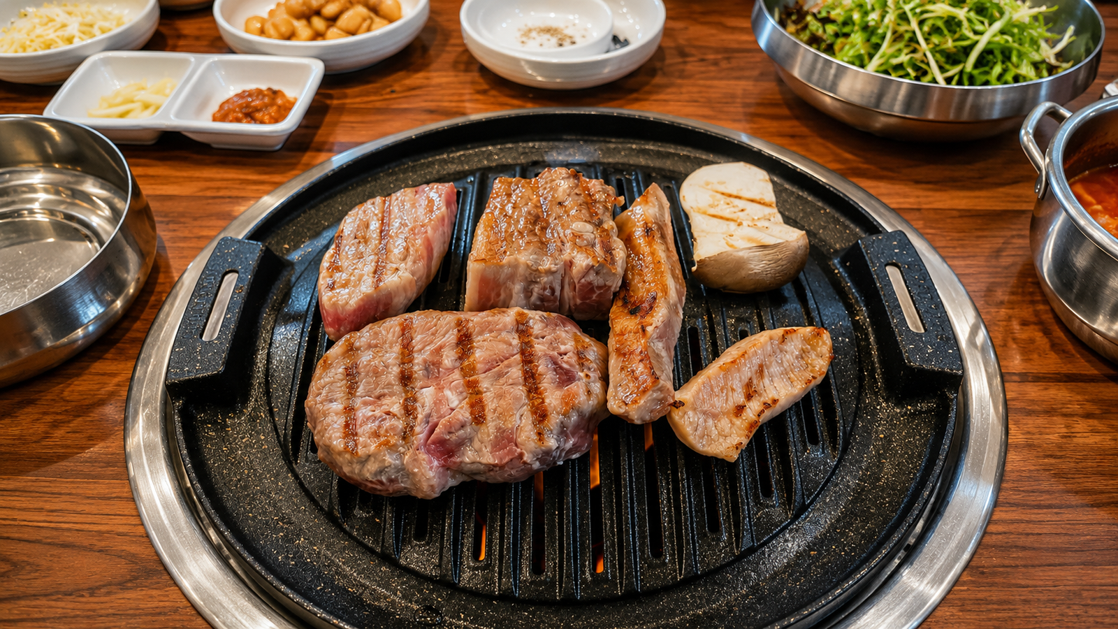 화로 위에서 노릇하게 구워지는 고기